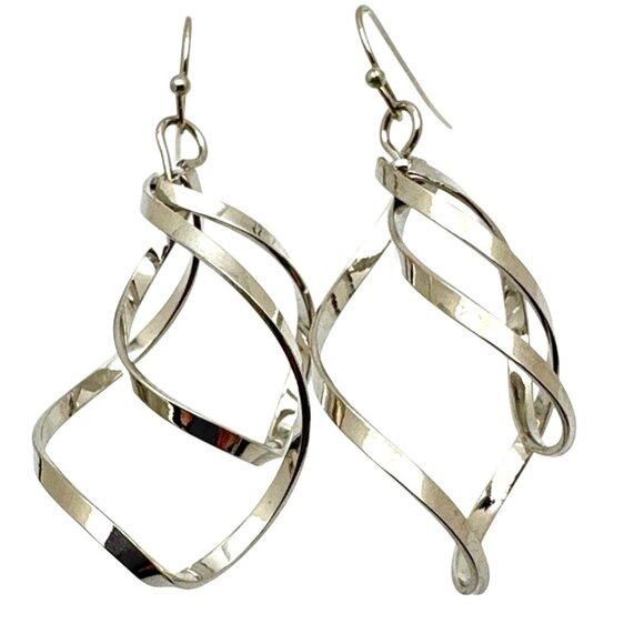 Elegant Silve-Tone Twisted Hoop Dangle Earrings 2 inch Drop Elegant - Picture 1 of 5